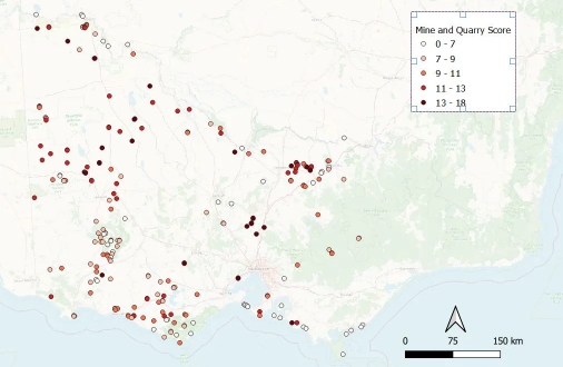Map of abandoned mines and quarries ranked from low to high level of suitability for flood retention