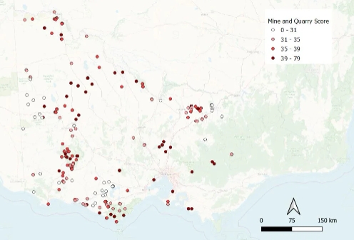 A map of abandoned mines and quarries, ranked from a low to high level of suitability for water supply storage
