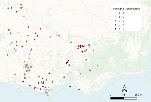 A map of abandoned mines and quarries, ranked from a low to high level of suitability for municipal waste management